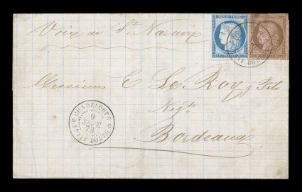 French Colonies Yvert 18, 23a, 1872-76 10c Brown on rose and 25c Blue, Ty. III, four-margined single of each tied to 1878 folded cover from Petit Bourg to France paying the
short-lived 35c U.P.U. rate, both tied by single strike of Guadelou