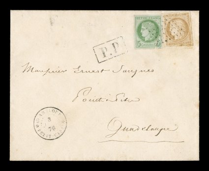 French Colonies Yvert 17, 22, 1872 5c Green on blue and 15c Bister, singles with well clear to large margins all around, 5c with small nick in bottom margin, tied to attractive
1876 domestic cover from the tiny town of Petit Canal to Pointe-