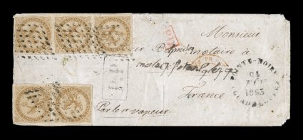 French Colonies Yvert 3, 3a, 1859 10c Yellow bister, vertical strip of three and pair with one sideways, both multiples with well clear to large margins, tied to small 1863
cover to France from the tiny village of Pointe Noire by bold 7x7 po