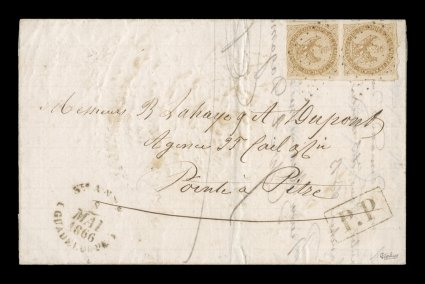 French Colonies Yvert 3, 1859 10c Yellow bister vertical pair, mostly large margins, just touching at bottom, tied to attractive 1866 entire folded letter from Sainte Anne to
Pointe-a-Pitre by exceptionally delicate 7x7 point black lozenge c