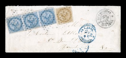 French Colonies Yvert 3, 4, 1859-65 10c Yellow Bister and 20c Blue horizontal strip of three, attractive franking with well clear to very large margins all around on both
values, paying the 70c British packet rate on a neat cover to France from