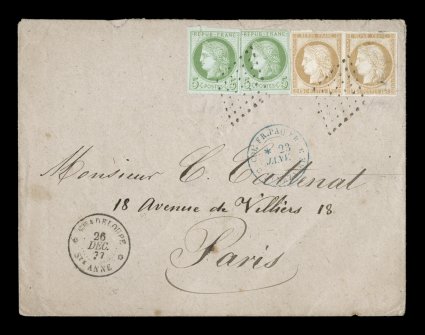 French Colonies Yvert 17, 19, 1872 5c Green on blue and 15c Bister, two singles of the former (pre-affixing tear to one) and horizontal pair of the scarce 15c with large
numerals, all with clear to large margins, tied to 1877 French packet cover