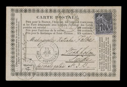 French Colonies Yvert 50, 1881 10c Black on lilac on Guadeloupe formula postal card, an incredibly rare posting from the tiny island of Saint Barthelemy (St. Barts), the stamp
is tied by rare GuadeloupeSaint Barthelemy14 Juil. 87 double-