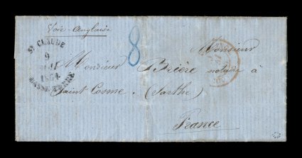 1864 Saint Claude unpaid stampless entire letter from the small town of Saint Claude, not far from the city of Basse Terre, entire folded letter sent by British packet at the
unpaid rate of 80c, rare St. ClaudeBasse Terre9 Mai 1864 rimles