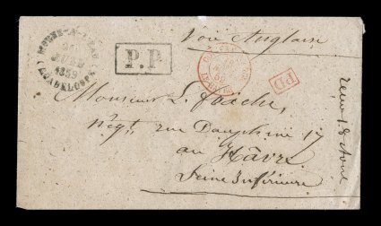 1859 Morne-a-lEau paid stampless cover to France, black Morne-a-lEauGuadeloupe26 Juil 1859 rimless c.d.s. on attractive cover to Le Havre, additional strike across envelope seal
on the reverse, pre-paid at the 50c rate with black P.P hand