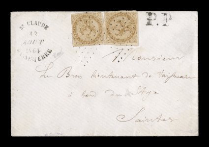 French Colonies Yvert 3, 1859 10c Yellow bister, two singles with mostly clear to large margins paying the 20c domestic rate, tied to 1864 petite cover from the small village of
Saint Claude to the tiny islands of Les Saintes, stamps tie