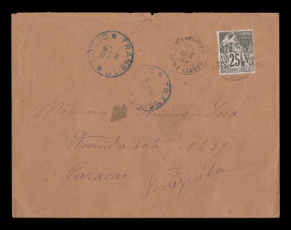 French Colonies Yvert 54, 1886 25c Black on rose, single franking paying the 25c U.P.U. foreign mail rate, a very scarce posting to Venezuela from the small village of Saint
Claude, stamp tied by small GuadeloupeSaint Claude25 Out 88