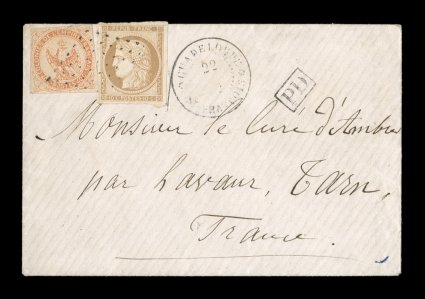 French Colonies Yvert 5, 11, 1859-71 40c Vermilion and 10c Bister, an unusual mixed issue franking, each with mostly clear to large margins, tied to small cover to France from
the small town of Saint Francois, stamps just tied by a single st