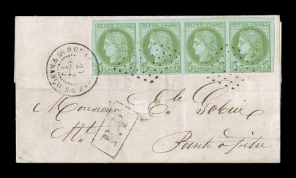 French Colonies Yvert 17, 1872 5c Green on blue horizontal strip of four, handsome franking with virtually clear to extra-large margins all around paying the 20c domestic rate
on a cover from Saint Francois, strip tied by neat black 7x7 poin