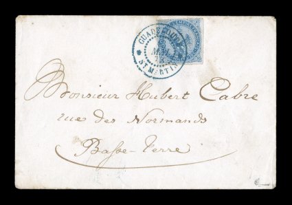 French Colonies Yvert 4, 1865 20c Blue, attractive single franking paying the 20c domestic rate, mostly clear to large margins all around, just into the frame at top, an
extremely rare posting from the remote island dependency of Saint Martin,