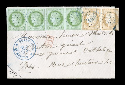 French Colonies Yvert 17, 22, 1872 5c Green on blue horizontal strip of four and 15c Bister horizontal pair, an attractive franking, each multiple with large margins to just in
at places, being applied to a small cover the right stamp of the pai