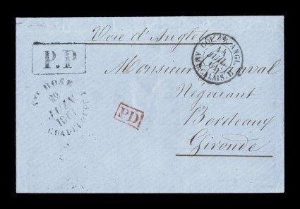 1861 Sainte Rose prepaid stampless cover, a lovely petite blue envelope posted from the tiny village of Sainte Rose, carried by British packet with the 50c prepaid rate paid in
cash, very rare black Ste. RoseGuadeloupe22 Juin 1861 rimless