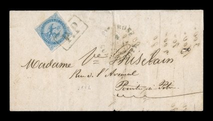 French Colonies Yvert 4, 1865 20c Blue, single franking paying the 20c domestic rate, margins to just in on one side, tied to cover from the small village of Sainte Rose by P.P
boxed handstamp, matching rare black Ste. RoseGuadeloupe4 M