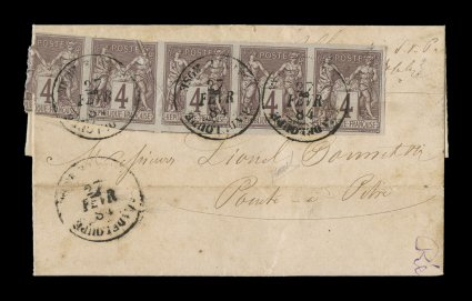 French Colonies Yvert 39, 1878 4c Lilac brown horizontal strip of five, mostly large margins to just in, tied to 1884 folded domestic cover to Pointe-a-Pitre by GuadeloupeSainte
Rose27 Fevr 84 double-circle c.d.s. with date inverted, additio