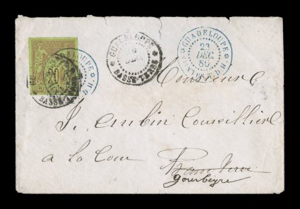 French Colonies Yvert 42, 1879 20c Brick red on green, Ty. II, nice four-margined example in a single franking paying the domestic letter rate of 20c, tied to small cover from
Terre de Haute by rare blue GuadeloupeSaintes T.D.H.23 Dec. 80