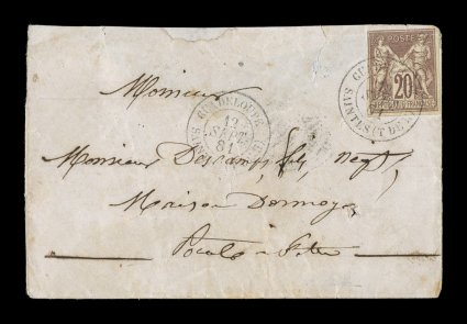 French Colonies Yvert 34, 1877 20c Lilac brown on buff, mostly clear to large margins, tied to small 1881 cover to Pointe-a-Pitre from Terre de Haute in the Saintes Islands, by
rare black GuadeloupeSaintes (T.DE.H.)12 Sept. 80 double-cir