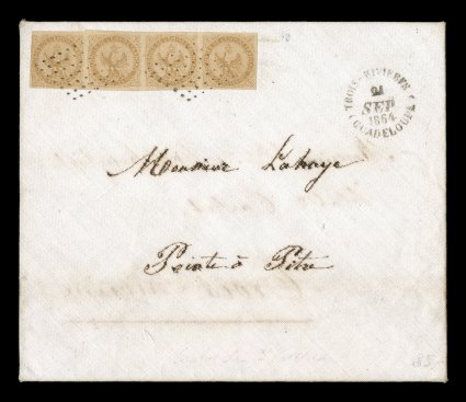 French Colonies Yvert 5, 1859 40c Vermilion vertical pair, exceptionally choice with large to extra-large margins, tied to an amazingly rare turned linen cover paying the
quadruple 80c domestic rate on the first leg of this cover from Pointe