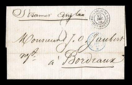 1868 Vieux Habitans unpaid stampless cover, fresh and attractive entire folded letter to France with beautiful strike of the exceptionally rare GuadeloupeVieux Habitans10 Dec.
68 double-circle c.d.s., 8 handstamp rate marking for 8 decimes