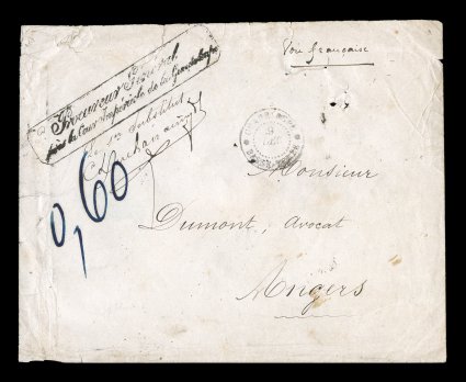 1869 Basse Terre unpaid official cover, interesting sending to France via French packet with black GuadeloupeBasse-Terre9 Dec. double-circle c.d.s. without year date, Procureur
General handstamp on front with manuscript endorsement as well as