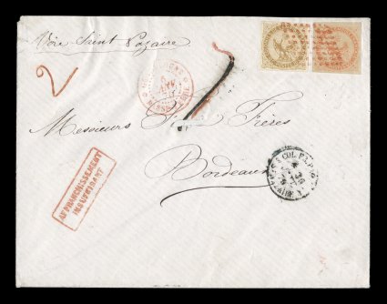 French Colonies Yvert 3, 5, 1859 10c Yellow bister and 40c Vermilion, each a fresh large-margined single with bright colors, tied to highly unusual 1870 insufficiently paid
French packet cover by red 7x7 point lozenge cancel, matching Guade