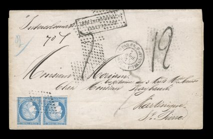 French Colonies Yvert 23, 1872 25c Blue, Ty. I, horizontal pair, margins to just in at top and bottom, tied to 1875 underpaid folded cover to Martinique by black lozenge cancel,
Paq. Fr.Pointe-a-Pitre Guade7 Avril 75 double-circle sorting c.