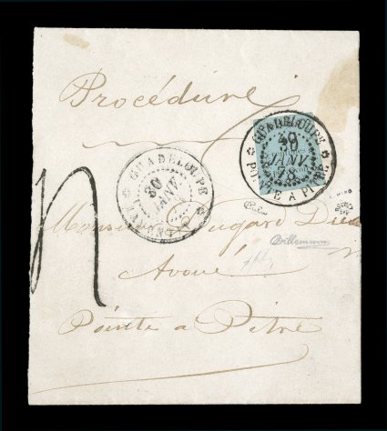 Yvert TT2, 1876 40c Black on blue first typeset postage due, a choice single franking of this rarity with large balanced margins all around, tied to 1878 legal papers wrapper of
the same correspondence as the previous cover from the tiny town of