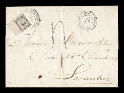 Yvert TT3, 1876 40c Black first typeset postage due, lovely right sheet-margin single with well clear to large margins on the other three sides as well, tied to 1878 entire
folded legal notice to the small village of Lamentin from Pointe-a-P