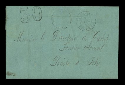 1883 Petit Bourg unpaid postage due cover, attractive green statement of accounts due posted to Pointe-a-Pitre unfranked from the small village of Petit Bourg, light strike of
GuadeloupePetit Bourg7 Sept. 83 double-circle c.d.s. plus nice