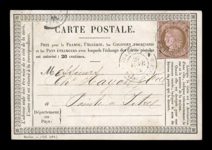 French Colonies Yvert 18, 1876 10c Brown on rose French Colonies formula postal card, the first card of 1876 with rate cited for foreign usage at 20c but this card used
domestically at the 10c rate, the stamp has balanced even margins all around