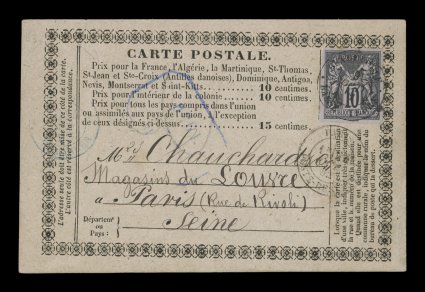 French Colonies Yvert 40, 1879 10c Black on lilac on Guadeloupe formula card, four balanced margins, tied to card to France by GuadeloupeBasse Terre8 Aout. 82, double-circle
c.d.s., Paris entry and receiving c.d.s., very fine.
