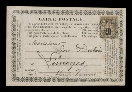 Yvert 1, 1884 G.P.E.20 provisional surcharge on 20c Brown on Guadeloupe formula card, the scarce first imperforate provisional surcharge with large balanced margins, neatly tied
to this early formula card by GuadeloupeBasse Terre22 Juil 84