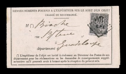French Colonies Yvert 50, 1881 10c Black on lilac on registered article disposition form, this constitutes the portion of the form returned by the Basse Terre post office with
the requested information, stamp is tied by obsolete and rare GPE i