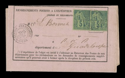 French Colonies Yvert 49, 1881 5c Green, two singles on registered article disposition form, the entire 1884 form consisting of a folded double page form with four sides, stamps
are tied by GuadeloupePointe-a-Pitre26 Avril 84 c.d.s. with add