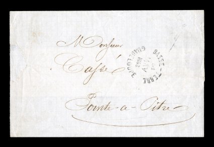 1863 Basse Terre government franchise folded cover, attractive Basse-TerreGuadeloupe28 Janv 1863 rimless c.d.s. on front of folded cover to Pointe-a-Pitre from the Governors
office, large official cachet on the reverse Guadeloupe et Dependa