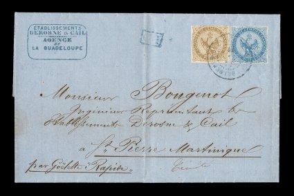 French Colonies Yvert 3, 4, 1859-65 10c Yellow Bister and 20c Blue, attractive single with mostly large margins, 10c touching at top, tied to 1866 entire folded letter to
Martinique by GuadeloupePointe-a-Pitre14 Aout. 66 double-circle c.d.s.