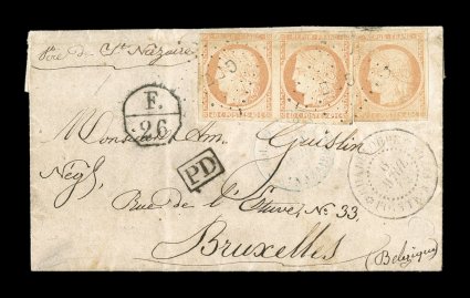 French Colonies Yvert 13, 1871 40c Orange horizontal pair and single, mostly clear to large margins all around, tied to exceptionally rare small entire folded letter to Belgium
by rare GPE in lozenge of dots with a matching GuadeloupePoi