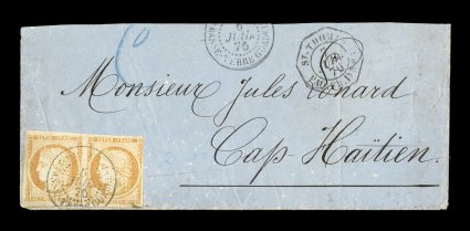 French Colonies Yvert 13, 1871 40c Orange horizontal pair, mostly clear to large margins, tied to 1876 cover to Haiti by very rare Paq. Fr.Basse-Terre Guadele.6 Juil 76
double-circle sorting c.d.s. with additional strike at top, also on