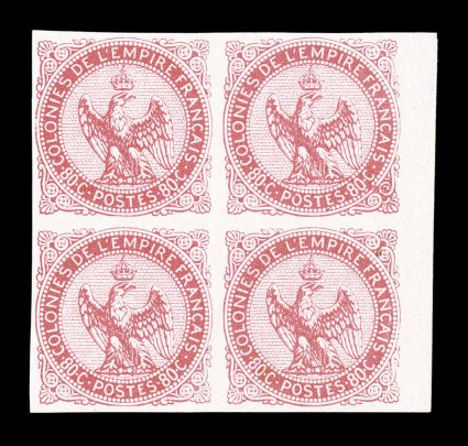 Yvert 1-6, Scott 1-6, 1859-65 1c-80c Eagles, fresh mint blocks of four, all but the 20c showing a portion of a sheet margin, full even margins on the other sides as well, bright
rich colors, o.g., 1c, 5c and the key 80c values are never hinged,