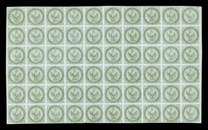 Yvert 1, Scott 1, 1862 1c Olive on pale blue, impressive block of 60 (10x6) being six full horizontal rows showing a small portion of the sheet margins at each side, plus well
clear to large margins at top and bottom, exceptionally fresh with e
