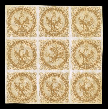 Yvert 3a, Scott 3a, 1859 10c Yellow bister, pair with one sideways, being the center stamp in a mint block of 9 (3x3), deep color, well clear to large margins all around, o.g.,
h.r. in the top and bottom strips, minor natural gum wrinkles, very