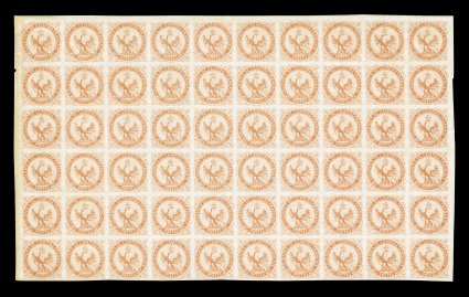 Yvert 5, Scott 5, 40c Vermilion, attractive block of 60 (10x6) being the top six horizontal rows of the sheet with sheet margins on three sides and large margin on the fourth,
strong bright color, o.g., h.r. around the edges, ten stamps hinged