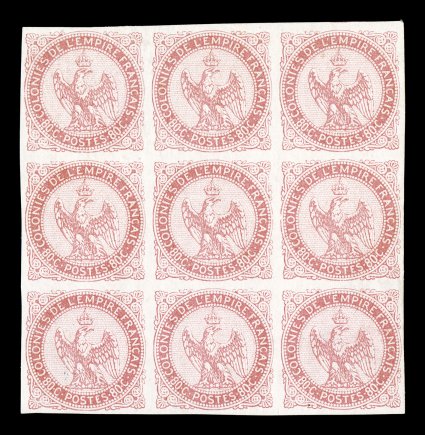 Yvert 6, Scott 6, 1865 80c Rose, fresh and attractive mint block of nine, lovely pastel color on nicely tinted paper, full large even margins all around, o.g., five stamps are
never hinged, very fine a select block of this key high value sign