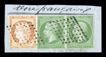 Yvert 8, 13, Scott 8, 14, 5c Yellow green, horizontal pair, along with 40c Orange single, tied to piece by neat full lozenge cancels of Guadeloupe in black, pair with clear to
large margins all around, very fine a scarce and attractive piece<