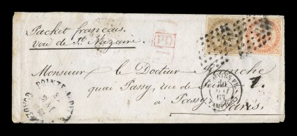 French Colonies Yvert 3, 5, 1859 10c Yellow bister and 40c Vermilion, single of each with large margins to just in on one side of 10c, tied to petite 1863 cover to France by
black lozenge cancels, Pointe-a-PitreGuadeloupe29 Mai 1863 rimless
