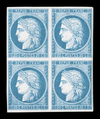 Yvert 12, Scott 11, 1871 20c Blue, attractive mint block of four, full to large margins, fresh bright color, o.g., light h.r. on top pair, bottom pair never hinged, natural gum
wrinkles and small partially excluded wood fiber in the bottom righ
