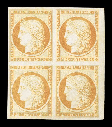 Yvert 13, Scott 14, 1871 40c Orange, Ty. I, bright mint block of four showing a portion of the sheet margin at right, other margins are large and well balanced, radiant color,
o.g., lightly hinged, trivial natural paper wrinkles in right pair,