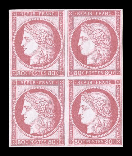 Yvert 21, Scott 23, 1873 80c Rose, choice mint block of four with full even margins all around, brilliant color, o.g., h.r. on top pair, bottom pair never hinged, very fine and
attractive (Yvert Ç3,400).