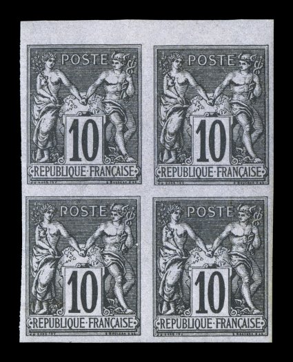 Yvert 2845, Scott 2843, 1877-79 4c-1Fr Sage issue, six different blocks of four, including Type I 75c Rose and 1Fr Bronze green and Type II 4c Lilac, 10c Black, 20c Red on green
and 35c Violet black on yellow, all have four nice margins and m