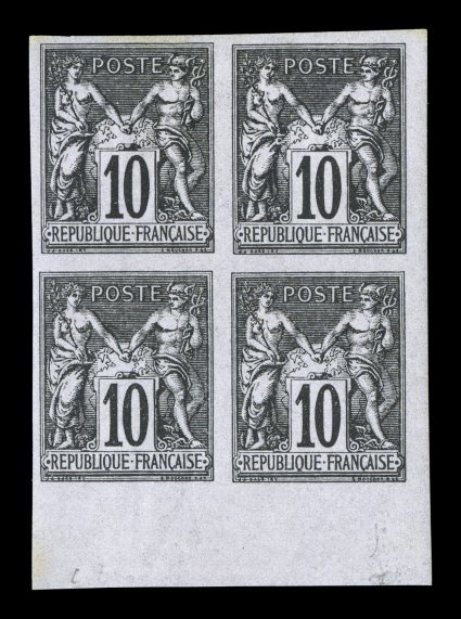 Yvert 40, Scott 41, 1878 10c Black on lilac, bottom right corner margin block of four with large bottom sheet selvage, intense color and impression, o.g., small h.r. on top
pair, bottom pair never hinged being hinged in the bottom selvage only,