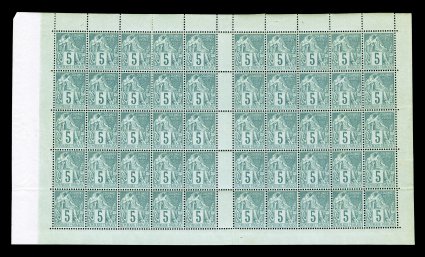 Yvert 46, 49, Scott 46, 49, 1881 1c Black on blue and 5c Green, each a double pane of 50 with a vertical gutter between the two panes of 25, rich colors, o.g., n.h., some
separated horizontal perforations along crimped perforations in the 1c sh